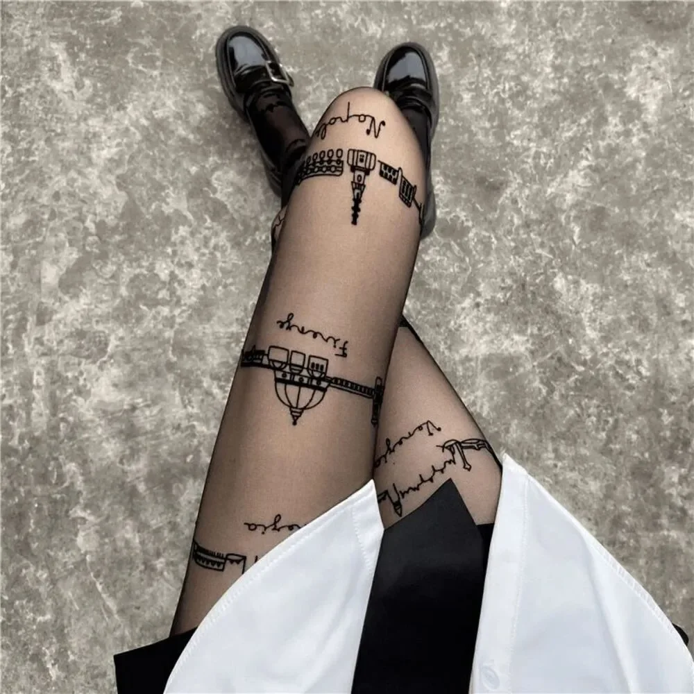 🏙️ Travel Cities Tattoo Printed Tights Black Sheer Nylon Pantyhose Hosiery NEW